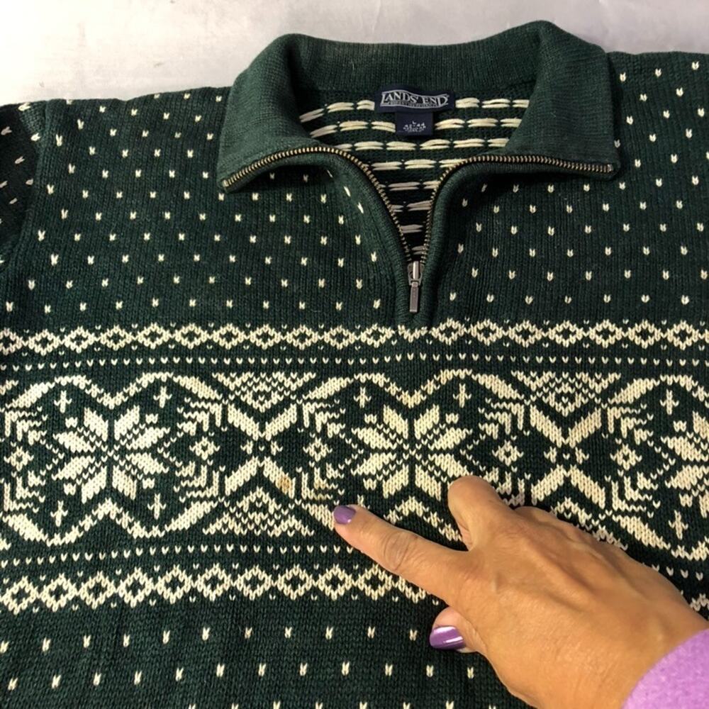 Vintage Nordic Snowflake 1/4 Zip Pullover Sweater Land's End Large Forest Green - Picture 8 of 9